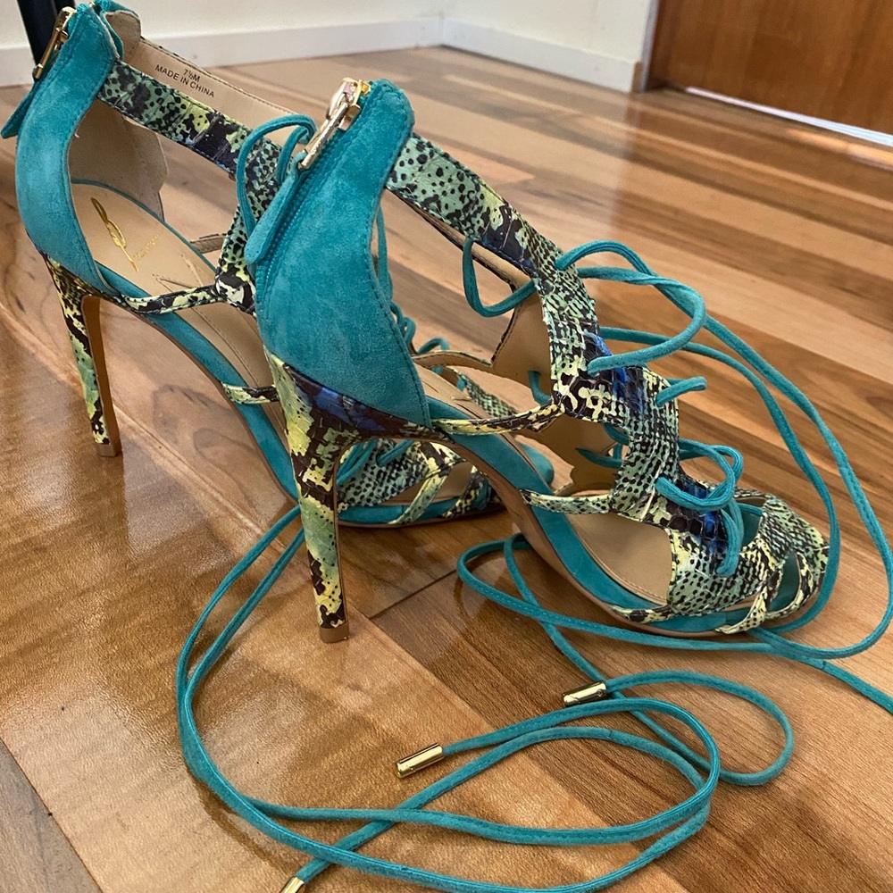 Brian Atwood “Tyra” Teal Snakeskin Gladiator Stiletto Sandal - Picture 3 of 6